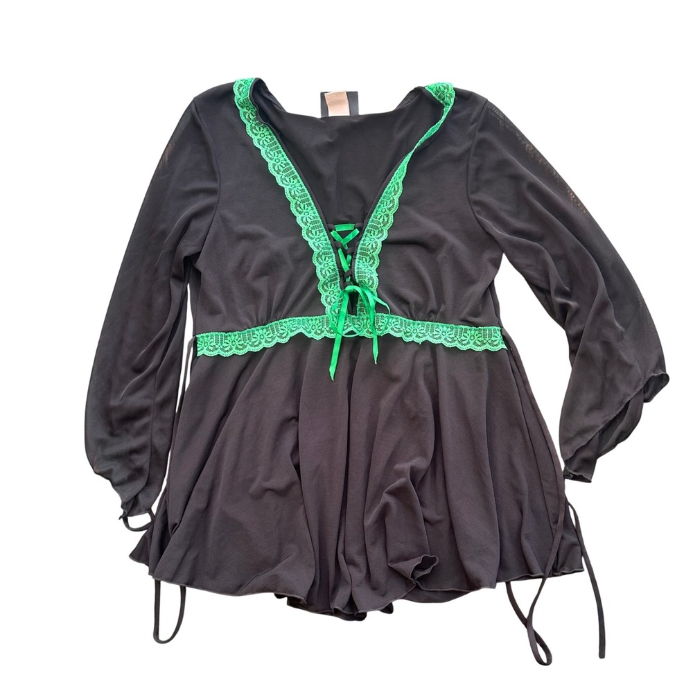 Y2K Dare to Wear Black Green Lace  Babydoll Top Gothic Victorian Bell Sleeve M